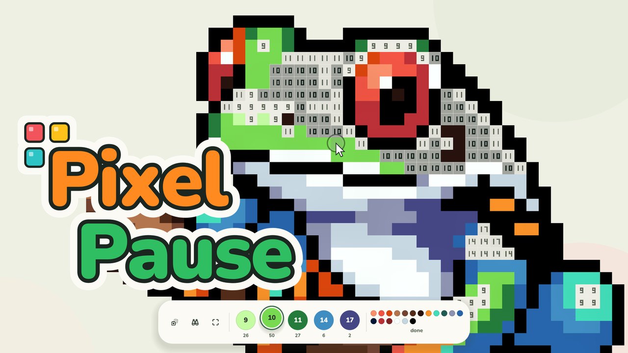 Pixel Pause trailer: a tree frog in pixel art, half painted, with numbered cells still open